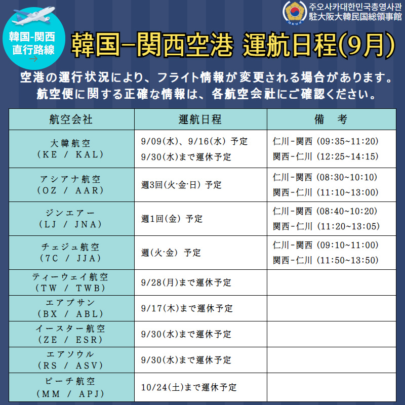 安全情報 韓国 関西空港間の運航状況のご案内 9 08更新 상세보기 お知らせ駐大阪大韓民国総領事館