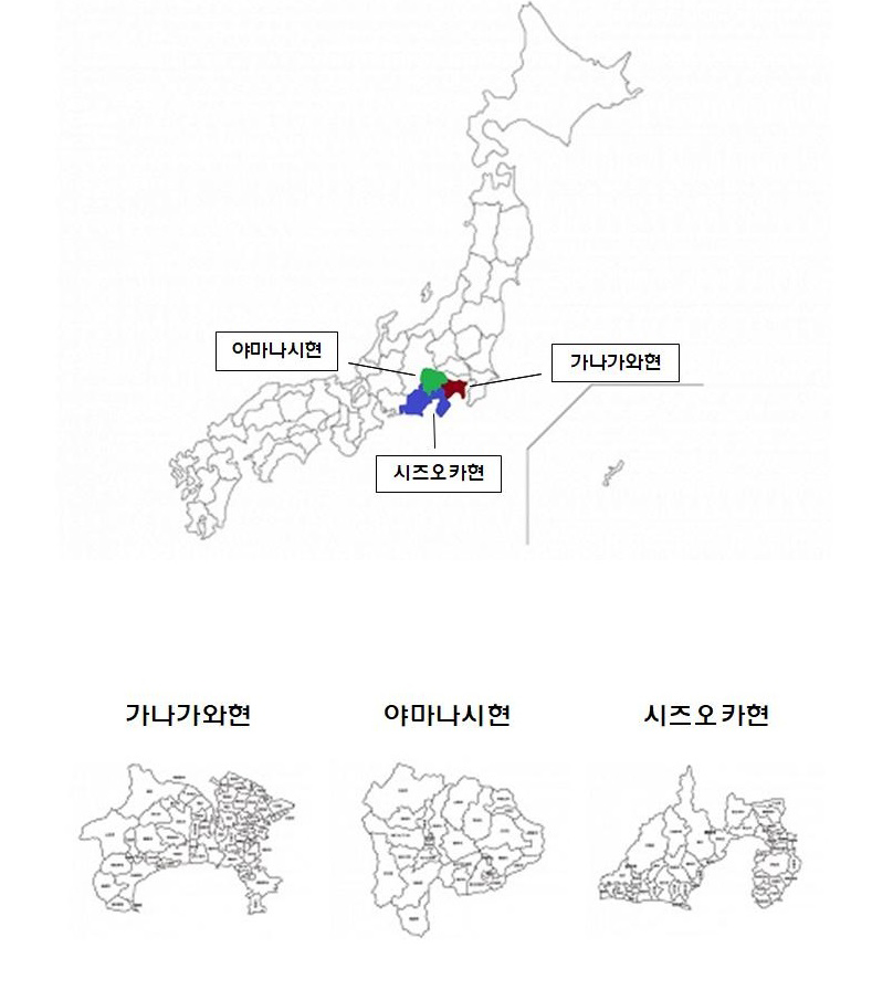 상단에 일본 전역 지도에서 좌측 상단에는 야마나시현이 위치하고, 우측은 가나가와현, 아래에는 시즈오카현이 위치합니다. 아래에는 세 개의 지도가 있는데 좌측에는 가나가와현, 야마나시현, 시즈오카현 순서로 좀 더 세부적인 지도가 있습니다.