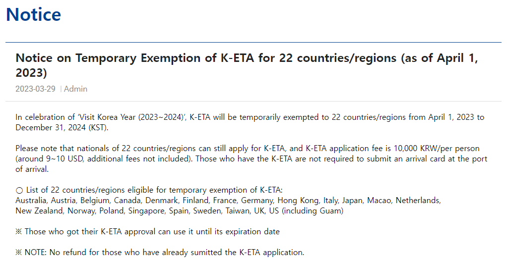 Notice on Temporary Exemption of K-ETA for 22 countries(as of 1.APR.2023)