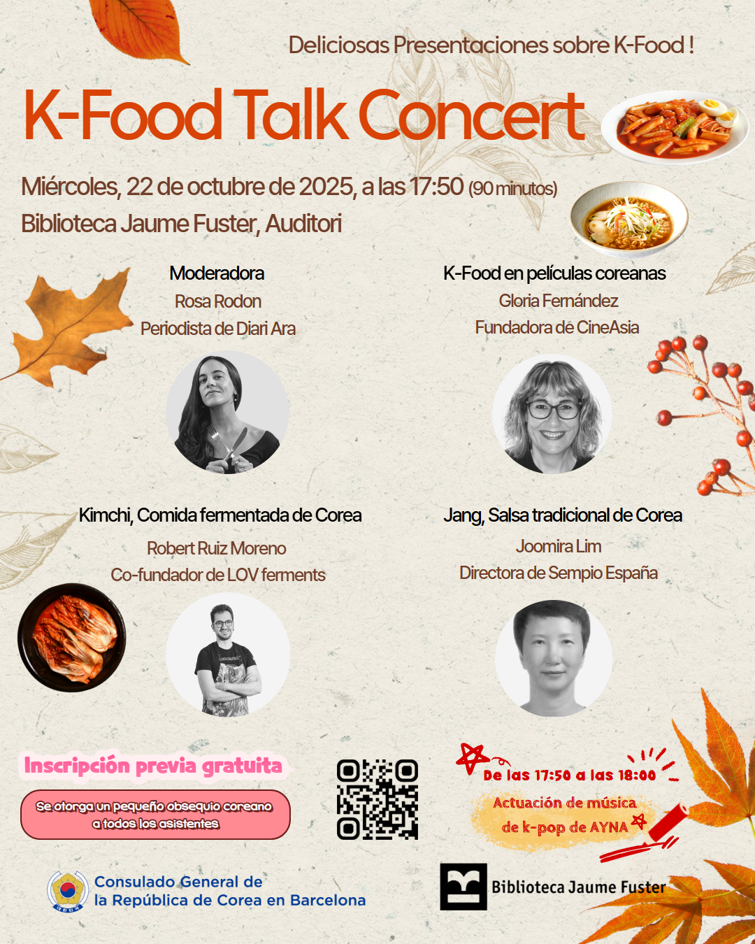 El K-FOOD TALK CONCERT (miércoles, 22 de octubre, a las 17:50h, en la Biblioteca Jaume Fuster)