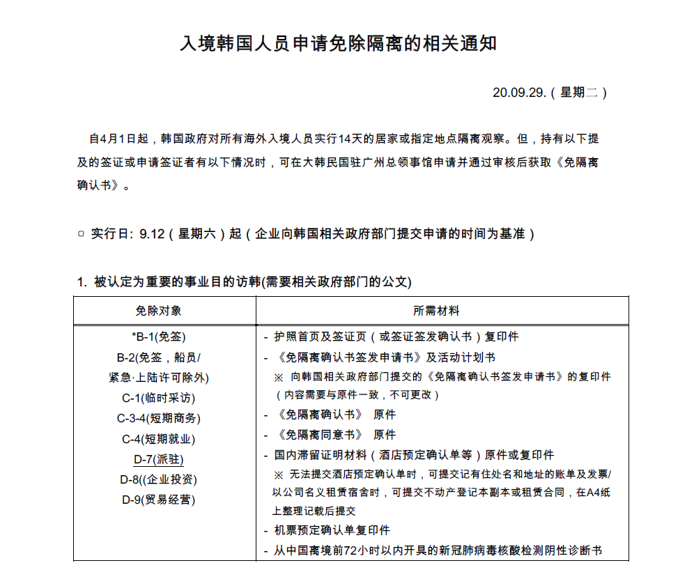 入境韩国人员 外国人 申请免除隔离的相关通知 9 12施行 9 29更新 상세보기 总领事馆公告大韩民国驻广州总领事馆