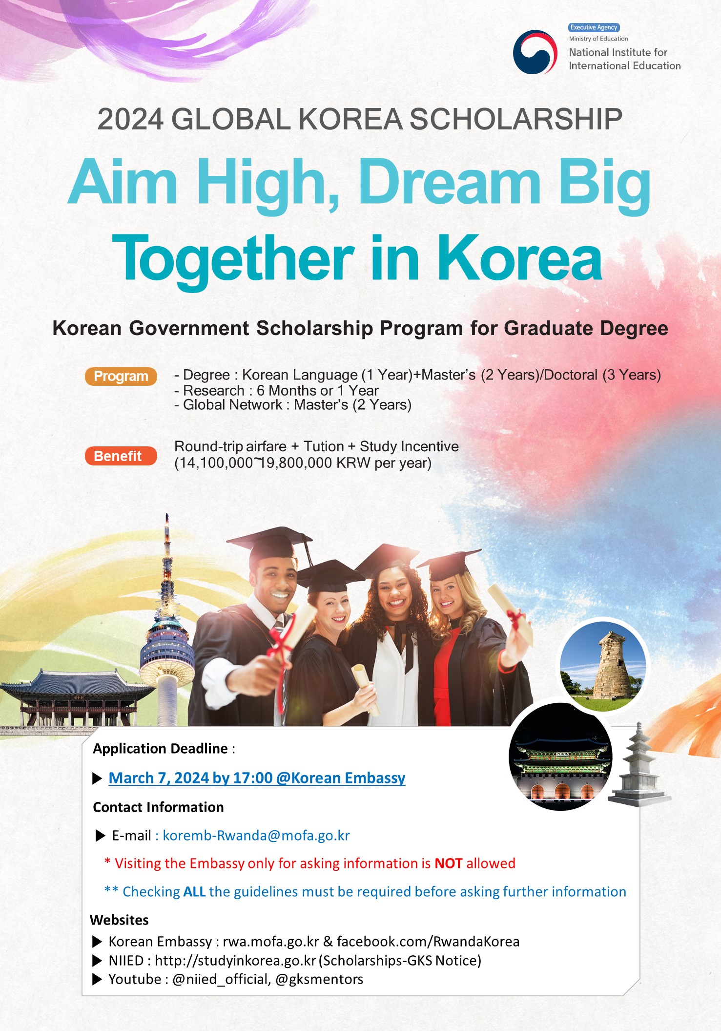 Notice for 2024 GKS scholarship for Graduate Degrees 상세보기NoticeEmbassy