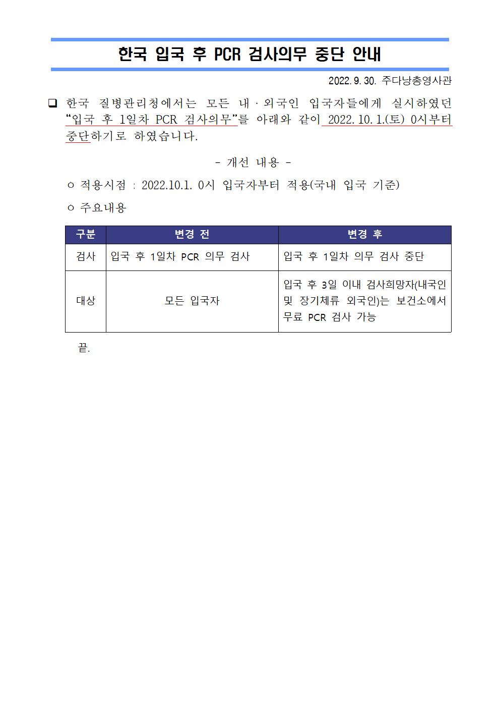 한국 입국 후 PCR 검사의무 중단 안내 상세보기|코로나19 대응(숨김) | 주다낭 대한민국 총영사관 주다낭 대한민국 총영사관 
