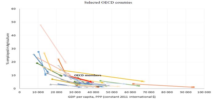 < 1991년~2017년 농업 고용 및 1인당 GDP 추이 >