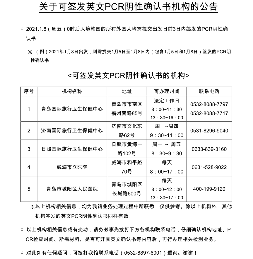 关于可签发英文pcr阴性确认书机构的公告 21 4 23 更新 상세보기 公告大韓民國驻青岛总领事馆