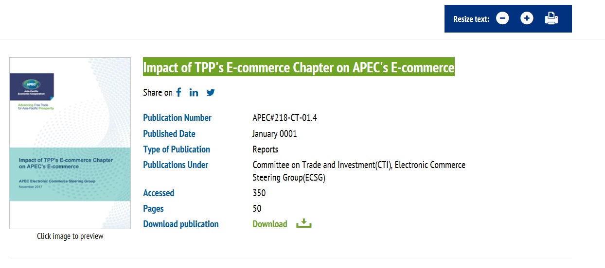 Impact of TPP's E-commerce Chapter on APEC's E-commerce 책자 사진 및 설명(APEC 사무국)